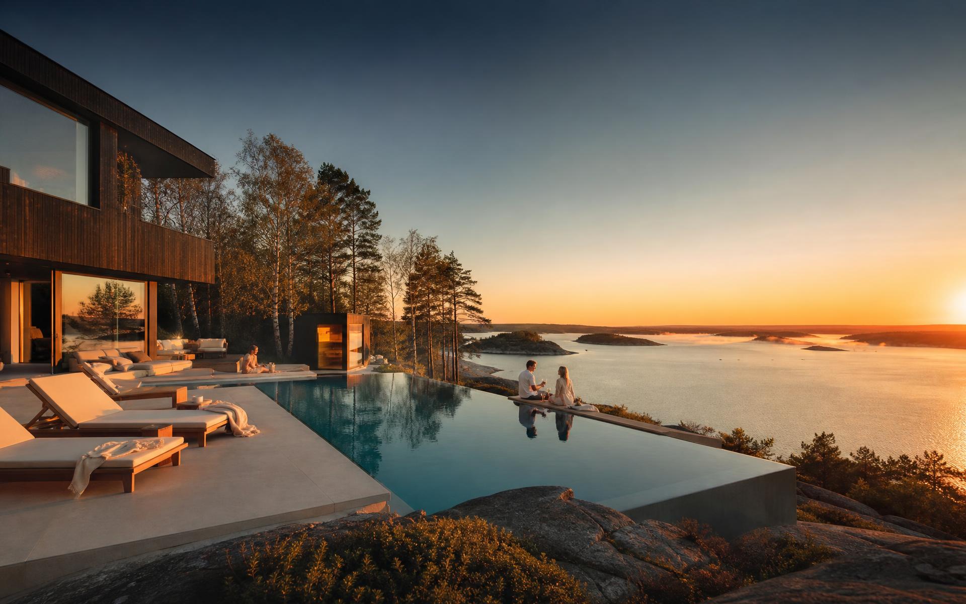Infinitypool vid en nordisk skärgårdsvilla i skymningsljus